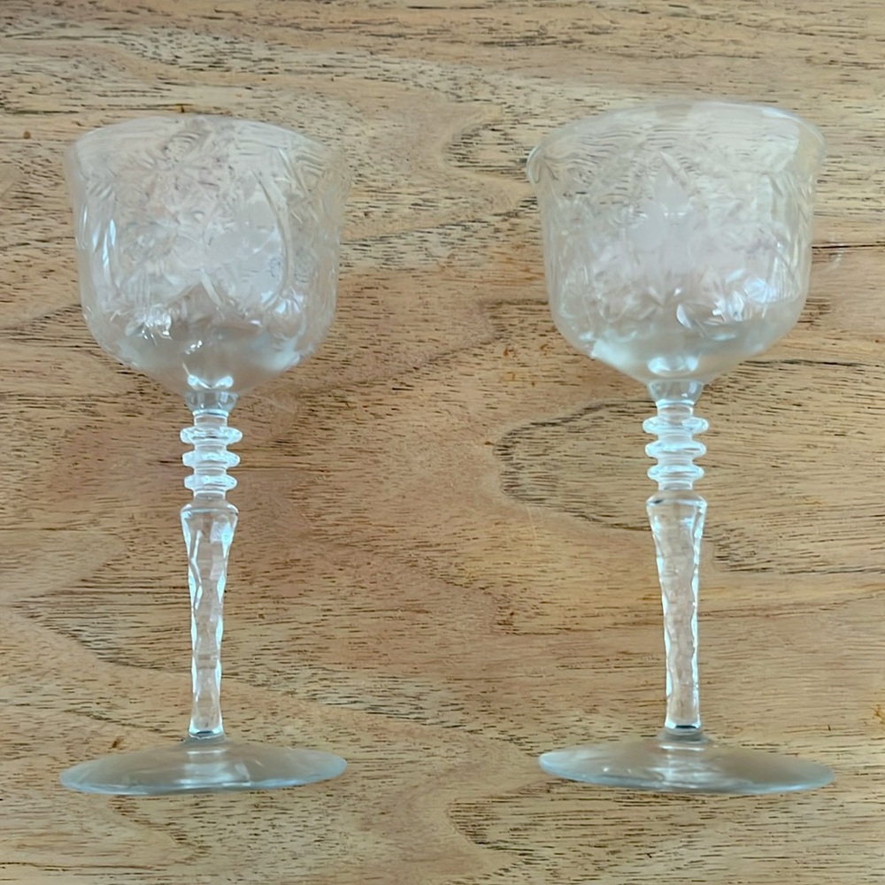Vintage 4 Art Deco Floral Etched Crystal 3 OZ Liquor Glasses